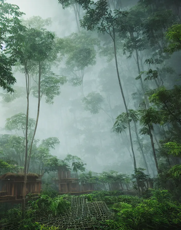 Image similar to a city of interlocking and weaving wooden structure towers intertwined and interconnected with a jungle rainforest, misty atmosphere hyper realistic octane render unreal engine