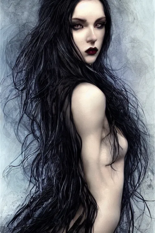 Prompt: a beautiful woman with long black hair, blue eyes, gothic, intricate, elegant, dramatic lighting, gorgeous face, black leather jacket, highly detailed, lifelike, photorealistic, digital painting, artstation, illustration, concept art, smooth, sharp focus, art by John Collier and Albert Aublet and Krenz Cushart and Artem Demura and Alphonse Mucha