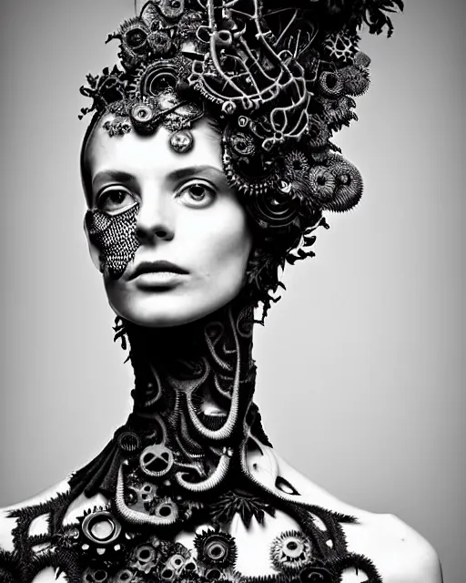 Image similar to surreal black and white photo portrait of complex bio-mechanical beautiful young female vegetal-cyborg with a Mandelbrot fractal steampunk metal fine lace face, a very long neck and a fine metal floral foliage super big lace collar by Alexander McQueen:: smoke, high fashion, haute couture, rococo, steampunk, silver filigree details, anatomical, facial muscles, cable wires, microchip, elegant, dreamy, foggy atmosphere, hyper realistic, 150 mm lens, soft rim light, octane render, unreal engine, picture was taken in 1910 by Man Ray, volumetric lighting, dramatic light,8k,