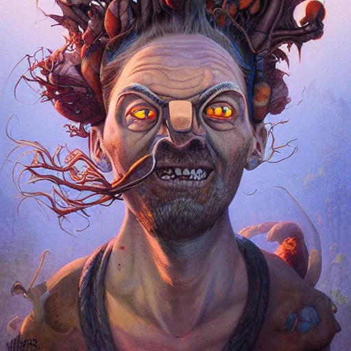 Image similar to fungus mohawk projector portrait by gaston bussierre and charles vess and james jean and erik jones and rhads, inspired by rick and morty, epic, funny, huge scale, beautiful fine face features, intricate high details, sharp, ultradetailed