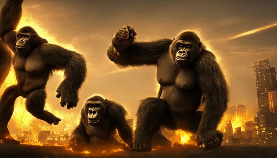 Prompt: epic concept art of hard fighting of two huge raging gorilla in burning tokyo city, cinematic composition, golden lighting, strong perspective