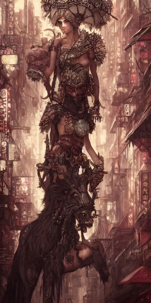 Prompt: hyper realistic Princess Mononoke, ornate mask, wet market street, cyberpunk metropolis, city landscape, jewels, style of tom bagshaw, mucha, james gurney, norman rockwell, denoised, sharp