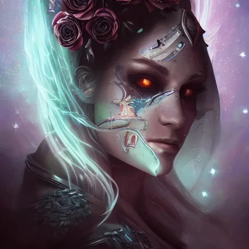 Prompt: Very very very very highly detailed mystic, enigmatic, strange portrait of a phantom warrior with galaxy, roses, shark's teeth by Artgerm, intricate, extremely detailed, digital painting, artstation, concept art, smooth, sharp focus, illustration, intimidating lighting, incredible art,