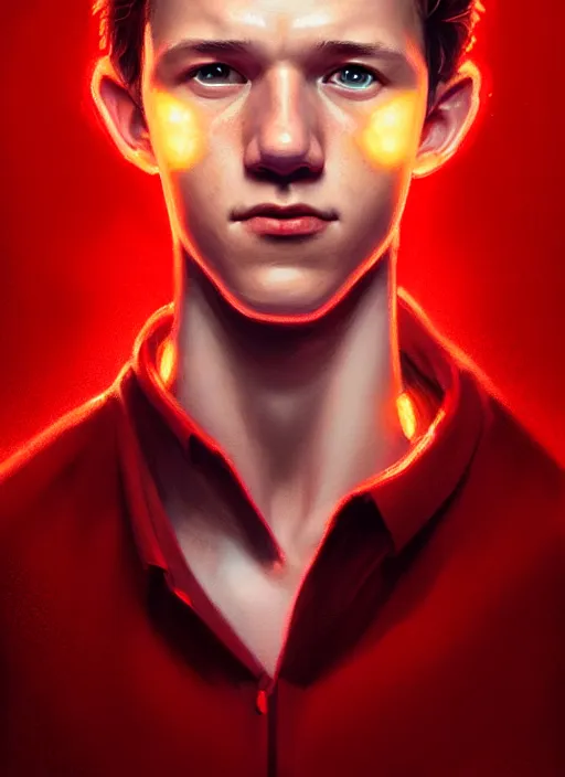 Prompt: portrait of tom holland, hazel eyes, red shirt, intricate, elegant, glowing lights, highly detailed, digital painting, artstation, concept art, smooth, sharp focus, illustration, art by wlop, mars ravelo and greg rutkowski