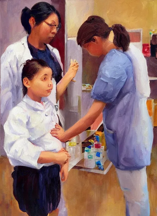 Image similar to oil painting of girl getting vaccinated