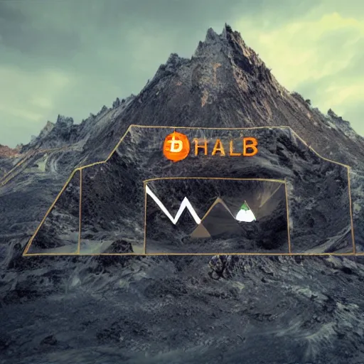 Image similar to a mountain made out of computer screens that display bitcoin logos, cinematic, post - apocalyptic landscape, unreal engine 5, harsh contrast lighting