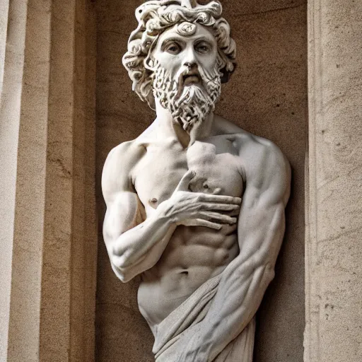 Image similar to a man in the form of a greek sculpture, holding huge eye, pillar, greek architecture, made of marble