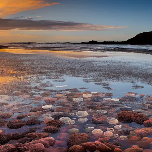 Prompt: tide pool filled sea creatures at sunset