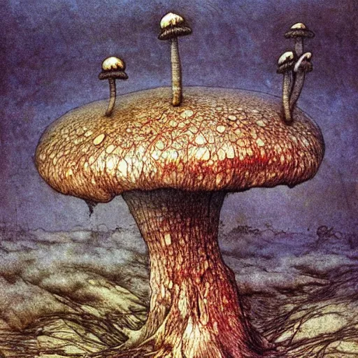 Prompt: strange mushroom by beksinski, luis royo and arthur rackham