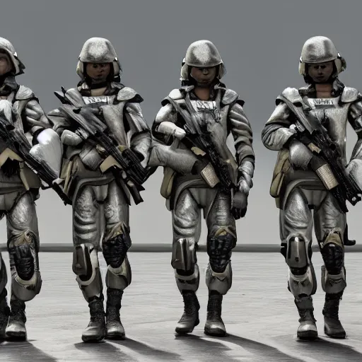 Image similar to a squad of futuristic soldiers in an armory