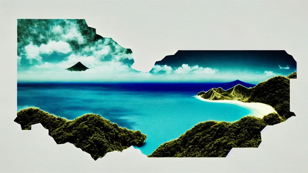 Image similar to dramatic landscape of amami oshima, japan, a collage painting, in the style of wes anderson, lola dupre, david hockney, isolated on negative white space background dark monochrome neon fluorescent spraypaint accents volumetric octane render