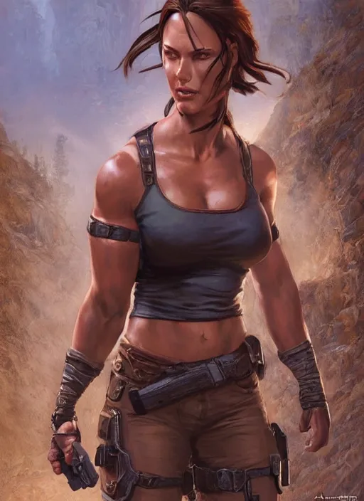 Image similar to muscled Lara Croft grinning as a ruggedly handsome heroine, intricate, elegant, highly detailed, centered, artstation, concept art, smooth, sharp focus, illustration, bokeh art by artgerm and donato giancola and Joseph Christian Leyendecker, WLOP