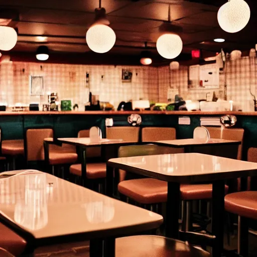 Image similar to inside of a diner, polka dot tables, cozy lighting, late night, shrek in front eating, photo