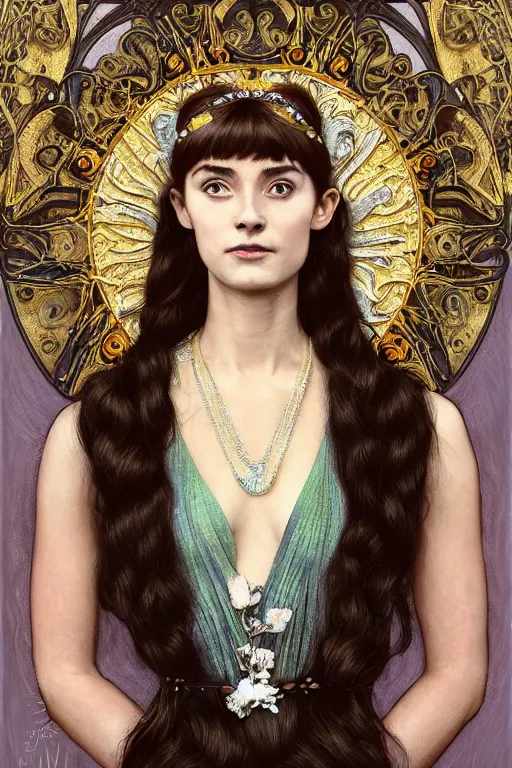 Image similar to a full body art nouveau portrait of a 16-year old sun goddess who resembles Audrey Hepburn and Saoirse Ronan with a worried, intense gaze and slightly opened mouth, ornate intricate iridescent mother-of-pearl jewelry, intricate, elegant, highly detailed, digital painting, artstation, concept art, smooth, sharp focus, illustration, art by John William Waterhouse and Bouguereau and Donato Giancola and alphonse mucha