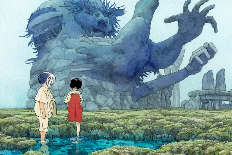 Image similar to a hyperrealist studio ghibli watercolor fantasy concept art. in the foreground is a giant hand lifting a stone. in the background is stonehenge. the scene is underwater on the sea floor. by rebecca guay, michael kaluta, charles vess