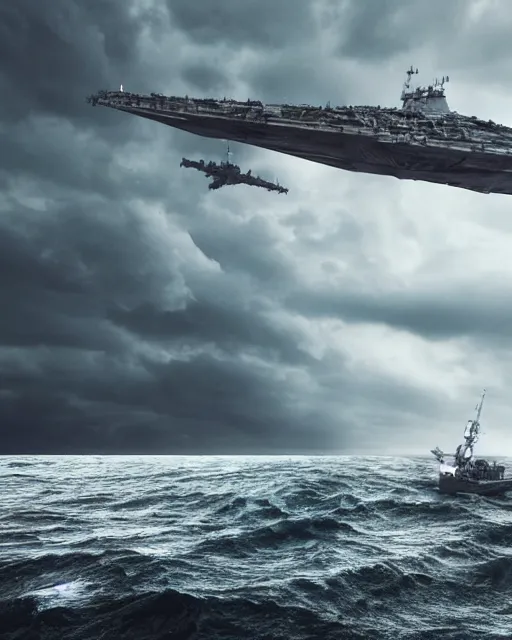 Image similar to a fishing boat on stormy seas, a gigantic star destroyer spaceship flying overhead, the star destroyer spaceship is emerging from storm clouds, stormy weather, lightning, dusk hour lighting, dramatic lighting, unreal engine, hyper realism, realistic shading, cinematic composition, realistic render, octane render, detailed textures, photorealistic, ultrawide shot, 1 6 mm lens