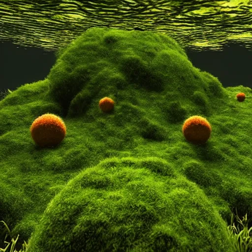 Image similar to man made of marimo moss balls running at the bottom of a lake, unreal engine, high detail