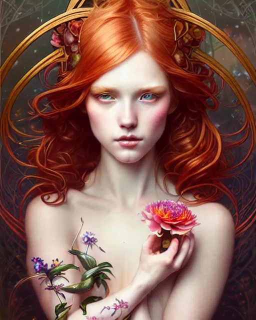 Image similar to Beautiful, naughty and playful ethereal ginger portrait, art nouveau, fantasy, intricate flower designs, elegant, highly detailed, sharp focus, art by Artgerm and Greg Rutkowski and WLOP