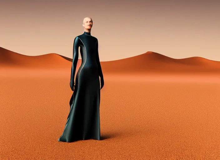 Image similar to futuristic dress for the dessert, dune style, fashion design, xf iq 4, 1 5 0 mp, 5 0 mm, iso 2 0 0, 1 / 1 6 0 s, realistic, natural light, octane render, adobe lightroom, rule of thirds, symmetrical balance, depth layering, polarizing filter, sense of depth, ai enhanced