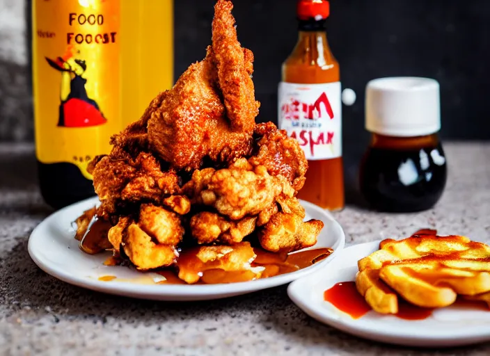 Image similar to dslr food photograph of a belgian waffle with fried chicken on top drizzled with maple syrup and a bottle of hot sauce on the side, 8 5 mm f 1. 8