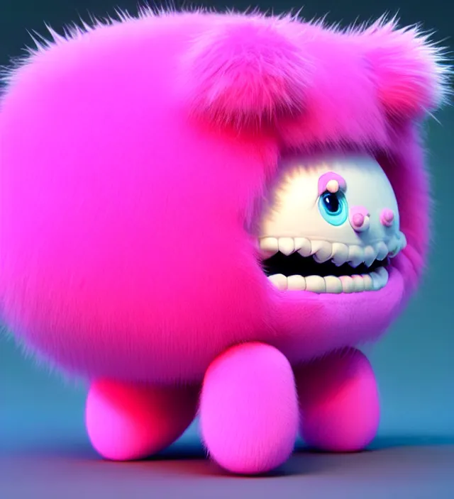 Image similar to high quality 3 d render hyperrealistic very cute big pink little spherical creature, happy, smile, plush mascot, short spiky dense fluffy smooth fur, isometric view, pink fluffy fur, 1 5 0 mm, beautiful natural soft light, rim light, smooth background, artstation, ultra detailed, elegant, ultra detailed, metallic armor, octane render