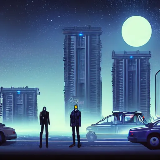 Prompt: odd looking citizens and vehicles in a high rise apartment neighborhood on the Moon, long shadows, holographic trees in a Russian cyberpunk city called Neo Kudrovo on the Moon, pitch black sky with stunning bright stars, bright sun, high contrast, black sky full of stars, holograms, blinding bright sun, sci-fi, cyberpunk outfits, photorealistic, grainy, 35mm, intricate, very very beautiful, elegant, smooth, cinematic, Unreal Engine 5