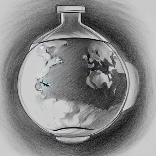 Image similar to planet earth inside a bottle, pencil drawing, dynamic lighting