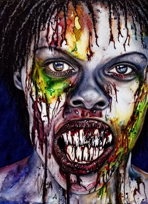 Image similar to african american zombie hollywood artwork professional acting headshot, hyperrealism, intricate detail, studio lighting, charming expression gesicht, hauntingly beautiful zombie, watercolor art, epic, legendary, drawn and painted, colored layers, dulled contrast, exquisite fine art, splatterpaint