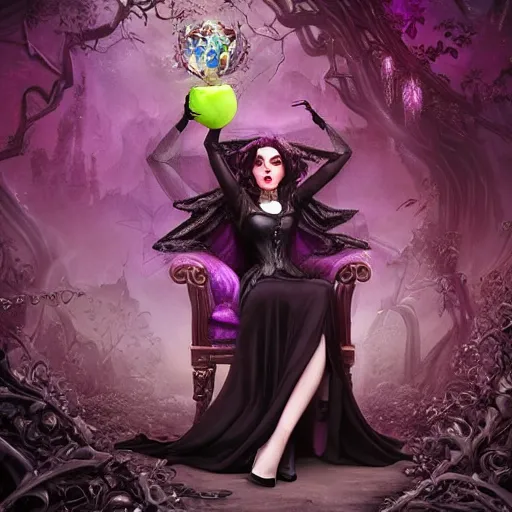 Image similar to evil queen holding up a crystal apple with both hands, wearing a black dress with big collar, a violet magical jungle in the background. in the style of magic the gathering, james jean, ross tran, craig mullins. yennefer vengerberg, magical atmosphere, superdetailed illustration, 3 d art overpain, 8 k