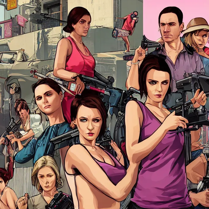 Image similar to female protagonists in gta, cover art by stephen bliss, boxart