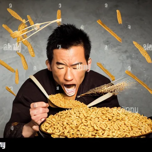 Prompt: battle weary samurai eating king wheat cereal as missiles fly above him