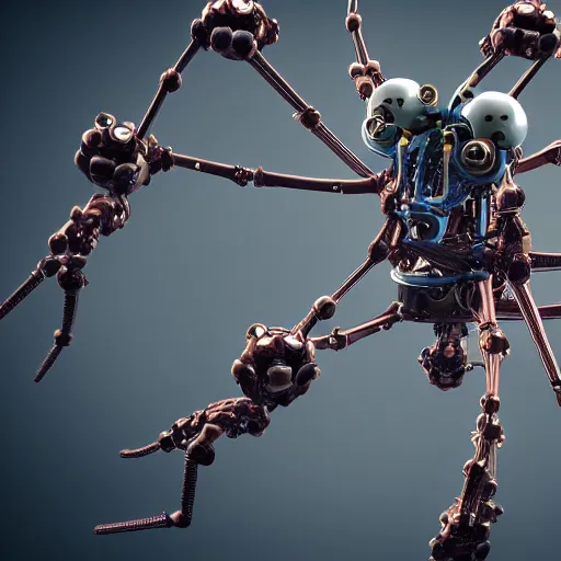 Prompt: mechanical spider robot with eight legs and strings, insane details, sharp focus, octane render