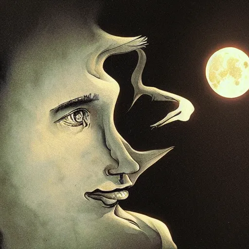 Image similar to looking at the full moon, ghost leaving the body, dave mckean