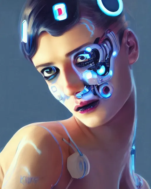 Image similar to dark portrait of a half - robot woman with circuits on her face, with cute - fine - face, pretty face, multicolored hair, realistic shaded perfect face, fine details by realistic shaded lighting poster by ilya kuvshinov katsuhiro otomo, magali villeneuve, artgerm, jeremy lipkin and michael garmash and rob rey