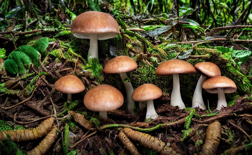 Image similar to a photography of a creepy mushroom family in a rainforest, intricate detail, photorealistic, 2 4 mm mirrorless