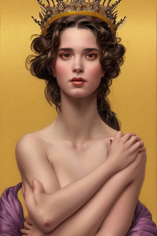 Image similar to body portrait of beautiful roman young pincess wearing a flowing silk robe, wearing a crown of laurel, full body portrait of a young beautiful woman swimming low angle by terry o'neill intricate, elegant, highly detailed, digital painting, artstation, concept art, smooth, sharp focus, illustration, art by artgerm and greg rutkowski and alphonse mucha, 8 k