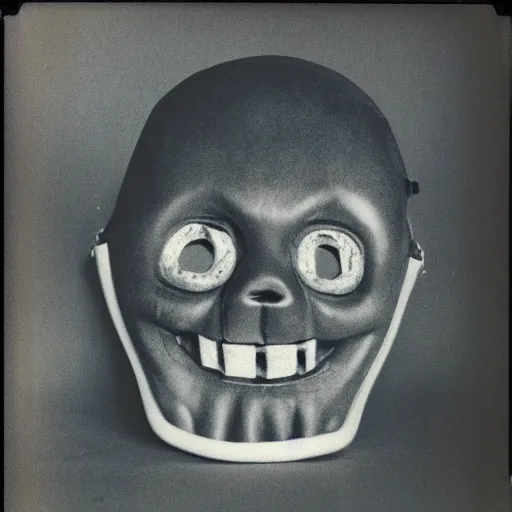 Prompt: polaroid of a creepy smiling halloween mask