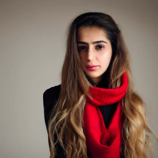 Prompt: A photorealistic portrait of an Iranian young woman with long blonde hair wearing a red scarf, DSLR Photograph, 8k