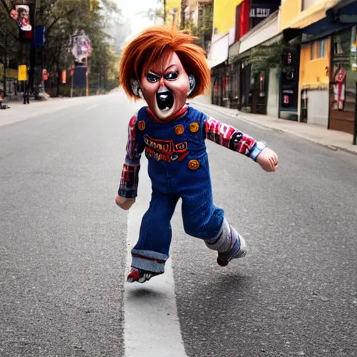 Prompt: chucky doll chasing himself down the street while screaming