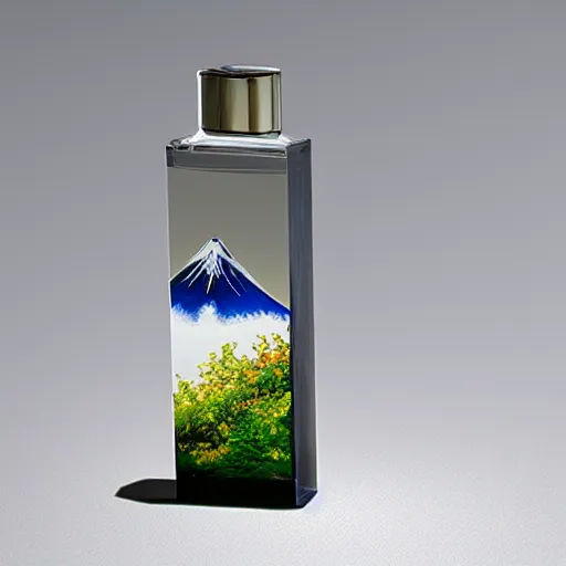 Prompt: product concept of Perfume bottle shaped like Mt. Fuji