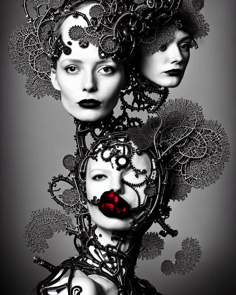 Image similar to surreal black and white photo portrait of complex bio-mechanical beautiful young female vegetal-cyborg with a Mandelbrot fractal metal fine lace face, curled silver hair, bright red lips, 150 mm lens, soft rim light, fine metal floral foliage super big lace collar by Alexander McQueen, high fashion, haute couture, rococo, steampunk, silver filigree details, anatomical, facial muscles, cable wires, microchip, elegant, hyper realistic, octane render, unreal engine, in the style Dora Maar, volumetric lighting, 8k, radiant energy aura, retrofuturistic depressing hopeless vibe