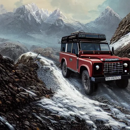 Image similar to a landrover crossing the alps while its snowing, digital art, artstation, photgraphy, highly detailed, digital painting, artstation, concept art, sharp focus, illustration, art by greg rutkowski and artgerm