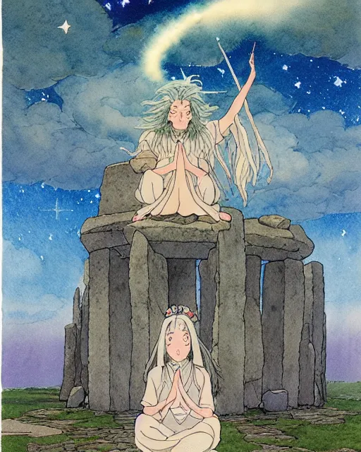 Image similar to a hyperrealist studio ghibli watercolor fantasy concept art of a giant long haired grey witch in lotus position sitting on top of stonehenge with a starry sky in the background. a ufo is in the sky. by rebecca guay, michael kaluta, charles vess