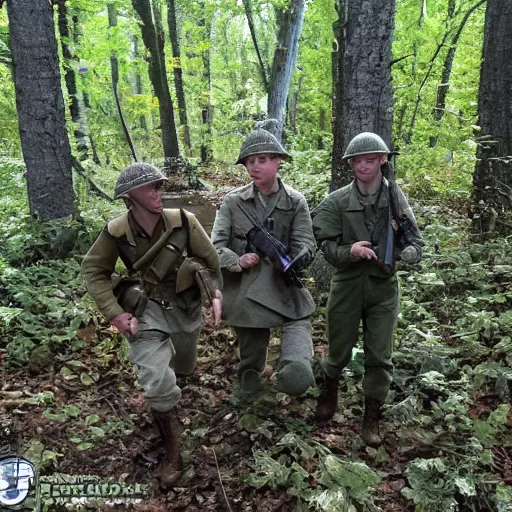 Image similar to ww 2 battlefield encounter in the woods between 2 american soldiers and a german soldier