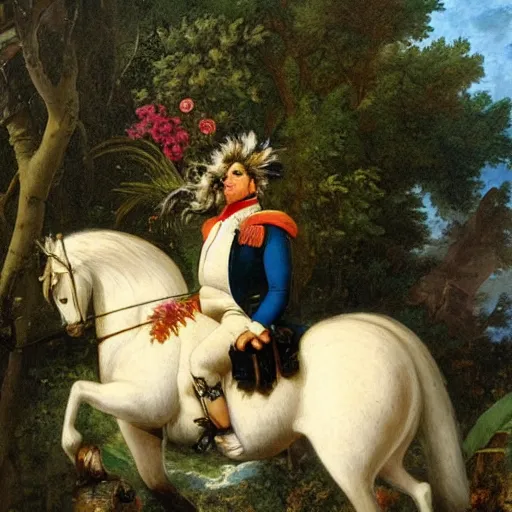 Prompt: a giant squirrel!!!! carrying napoleon bonaparte on its back, beach scene with flowers and foliage, detailed oil painting