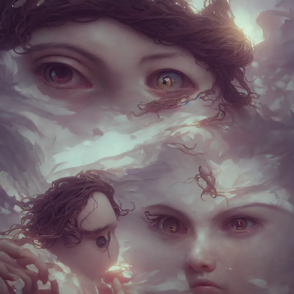 Image similar to beautiful very extreme closeup eye angels stone statues, unreal engine, greg rutkowski, loish, rhads, beeple, tom bagshaw, alphonse mucha, global illumination, detailed and intricate environment