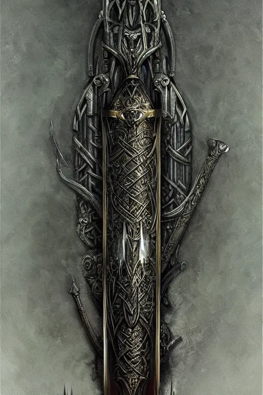 Image similar to masterpiece, medieval viking divine sword of power, shiny blade and stylized hilt, doom, elegant, majestic, epic, art by h. r. giger, greg rutkowski, josan gonzalez, alexey egorov, biomechanical, alchemy, monogram