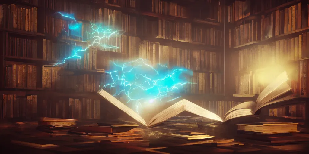 Prompt: open book spell in a library, colorful, octane render, volumetric light, trending on Artstation