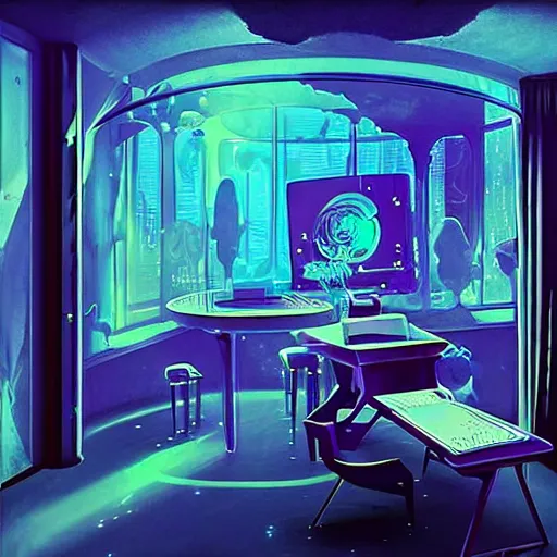 Image similar to discord room dream - 4 7, the experience of chrysalism in a cosy cluttered french sci - fi ( art nouveau ) cyberpunk street in a pastel dreamstate art cinema style. ( terrarium, computer screens, window ( street ), leds, lamp, ( ( ( piano ) ) ) ), ambient light.