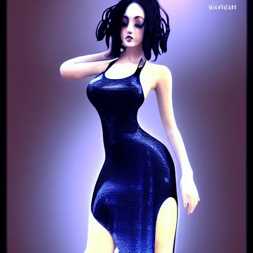 Image similar to curvy feminine hot goth cutie in a sublime elegant polished sequined white-blue latex neck-high or tube-top floor length gown, thin waist, cgsociety, photorealistic, comfy ambience, idealistic, 16k, smooth, sharp focus, trending on ArtStation, volumetric lighting, fully clothed, worksafe